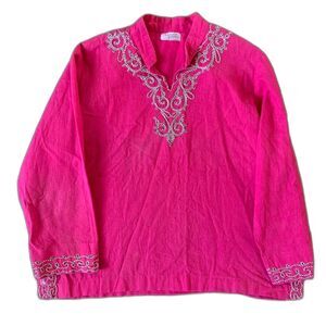 Artisan Embroidered Rope Detail Pink Linen Tunic Top Size Large